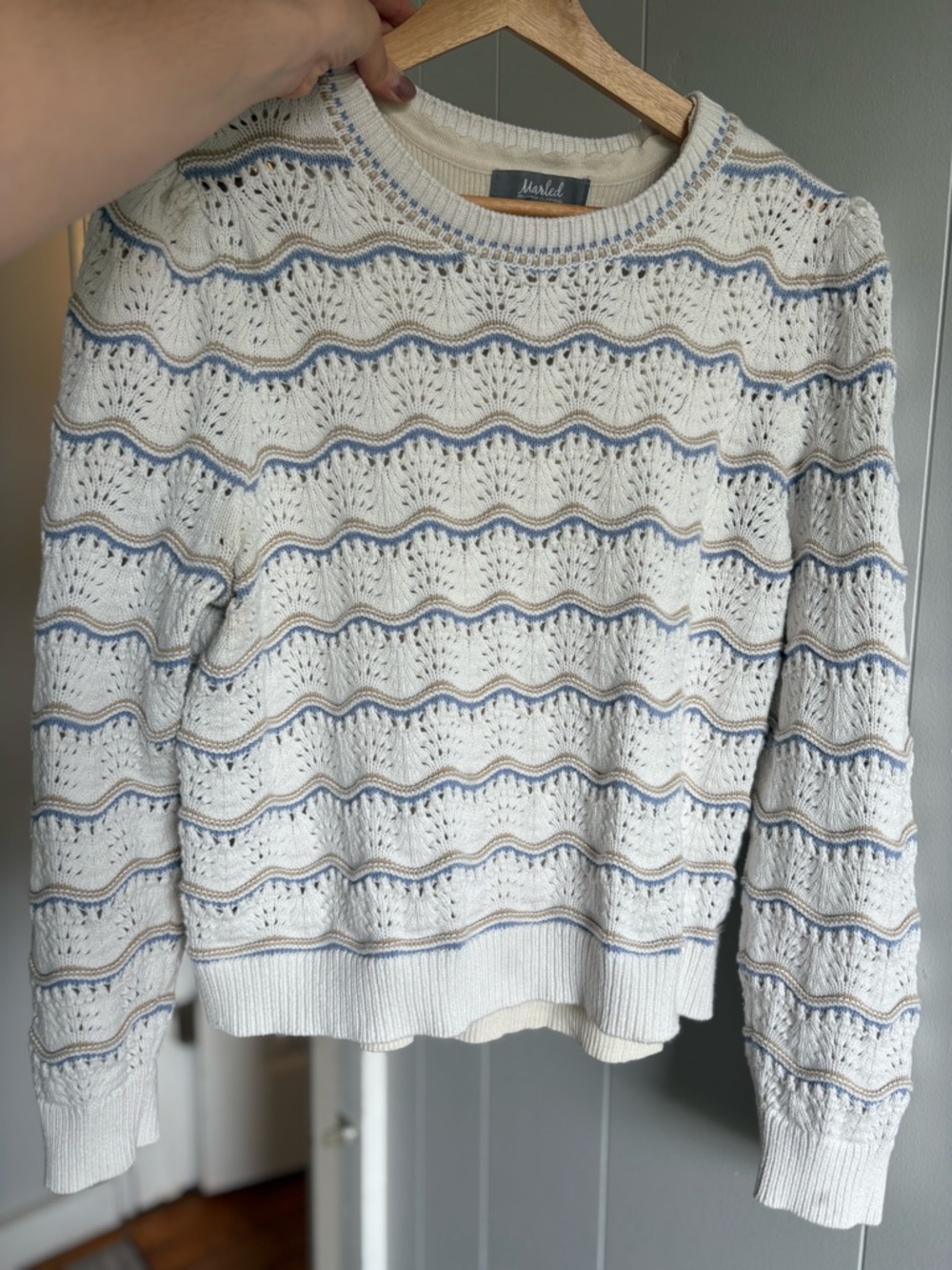 MARLED Crochet Wave Knit Crewneck Sweater - Cream with Blue Trim Women’s XL